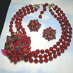 Stanley Hagler Necklace and Earrings Coral Glass Rose Quartz Crystal 1980s  Rare - Chelsea Vintage Couture